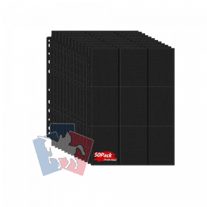 Pack de 50 hojas negras de 9 bolsillos (3x3) de doble cara, compatibles con archivadores para cartas y cromos coleccionables. Diseño opaco para mayor protección y organización de la colección.
