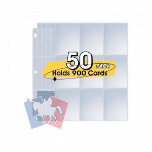 Pack de 50 hojas transparentes de 9 bolsillos (3x3) de doble cara, compatibles con archivadores para cartas y cromos coleccionables. Diseño transparente para mayor visibilidad y organización de la colección.