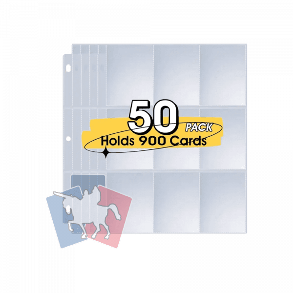 Pack de 50 hojas transparentes de 9 bolsillos (3x3) de doble cara, compatibles con archivadores para cartas y cromos coleccionables. Diseño transparente para mayor visibilidad y organización de la colección.