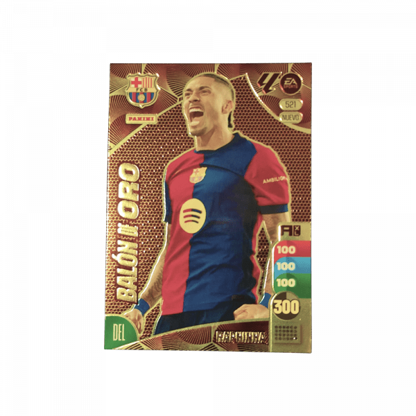 Tarjeta de colección Adrenalyn XL del jugador Raphina. La tarjeta es de diseño dorado y tiene el texto "Balón de Oro". Muestra estadísticas.