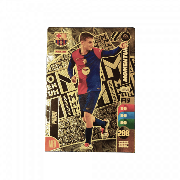 Tarjeta de colección Adrenalyn XL del jugador Pedri. La tarjeta es de diseño dorado y tiene el texto "Momentum". Muestra estadísticas.