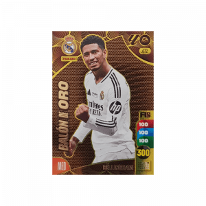 Tarjeta de colección Panini Adrenalyn XL "Balón de oro". Diseño dorado con estadísticas y el jugador Bellingham