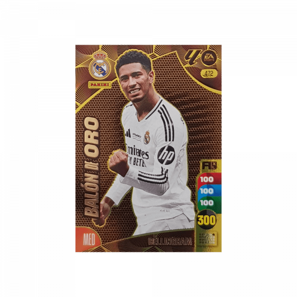 Tarjeta de colección Panini Adrenalyn XL "Balón de oro". Diseño dorado con estadísticas y el jugador Bellingham