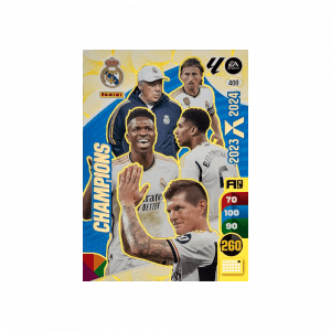 Tarjeta de colección Panini Adrenalyn XL "Champions". Diseño dorado con estadísticas y varios jugadores del Real Madrid