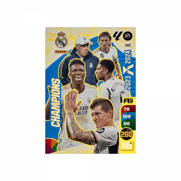 Tarjeta de colección Panini Adrenalyn XL "Champions". Diseño dorado con estadísticas y varios jugadores del Real Madrid