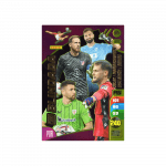 Tarjeta de colección Panini Adrenalyn XL "Card Blindada". Diseño dorado con estadísticas y varios jugadores.