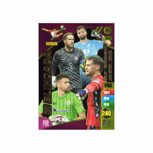 Tarjeta de colección Panini Adrenalyn XL "Card Blindada". Diseño dorado con estadísticas y varios jugadores.