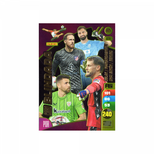 Tarjeta de colección Panini Adrenalyn XL "Card Blindada". Diseño dorado con estadísticas y varios jugadores.