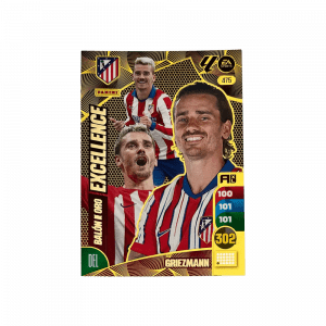 Tarjeta de colección Panini Adrenalyn XL "Balón de oro Excellence". Diseño dorado con estadísticas y el jugador Griezmann
