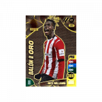 Tarjeta de colección Panini Adrenalyn XL "Balón de oro". Diseño dorado con estadísticas y el jugador Nico Williams
