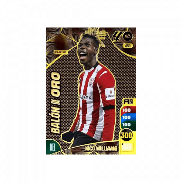 Tarjeta de colección Panini Adrenalyn XL "Balón de oro". Diseño dorado con estadísticas y el jugador Nico Williams