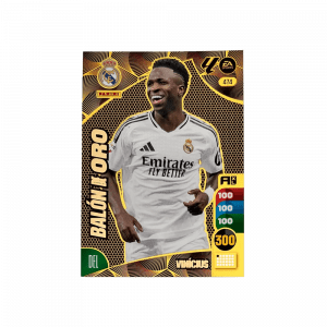 Tarjeta de colección Panini Adrenalyn XL "Balón de oro". Diseño dorado con estadísticas y el jugador Vinícius Jr