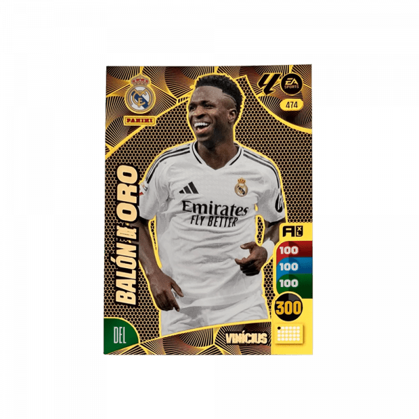 Tarjeta de colección Panini Adrenalyn XL "Balón de oro". Diseño dorado con estadísticas y el jugador Vinícius Jr