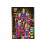 Tarjeta de colección Panini Adrenalyn XL "Míticos Invencible Sextete". Diseño dorado con estadísticas y varios jugadores.