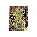 Tarjeta de colección Panini Adrenalyn XL "Momentum". Diseño dorado con estadísticas y el jugador Gazzaniga.