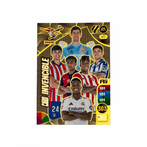 Tarjeta de colección Panini Adrenalyn XL "Card Invencible". Diseño dorado con estadísticas y varios jugadores.