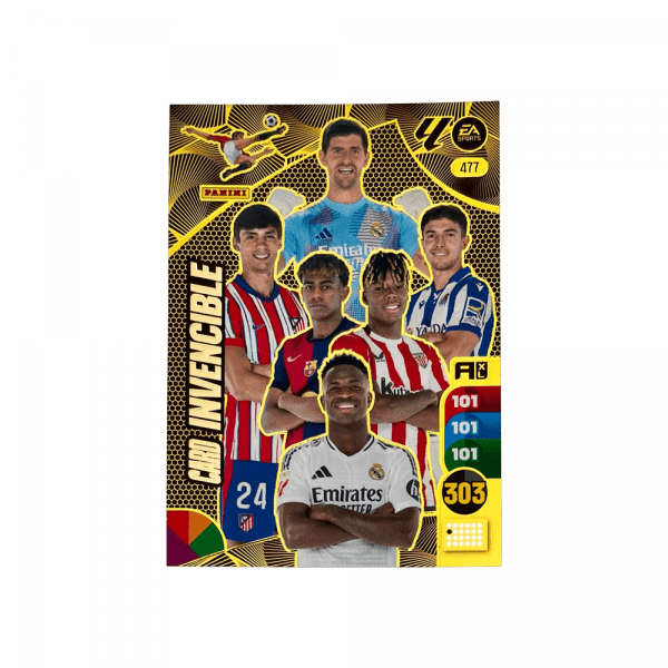 Tarjeta de colección Panini Adrenalyn XL "Card Invencible". Diseño dorado con estadísticas y varios jugadores.